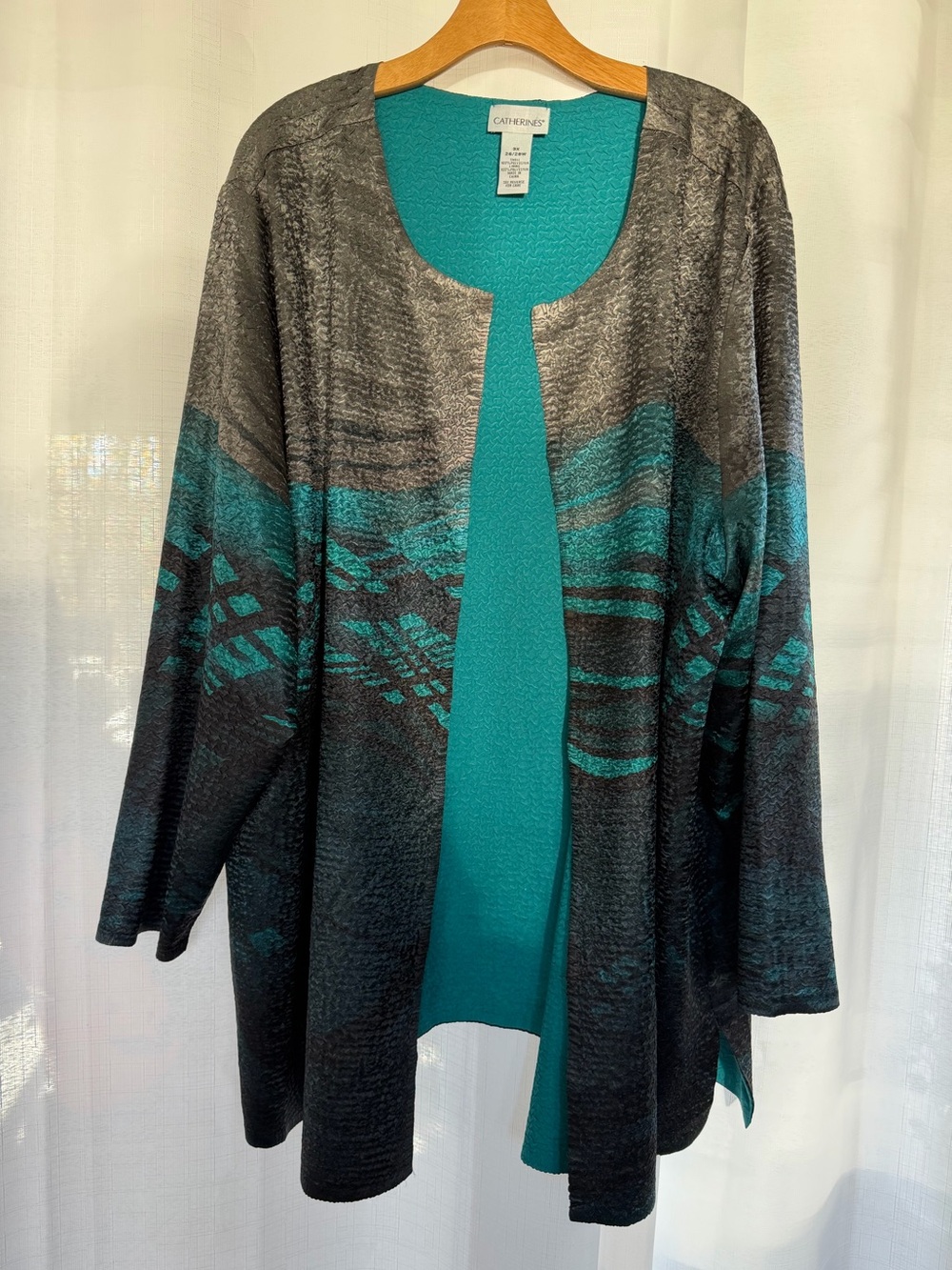 Catherines Reversible Teal Gray Abstract Open Front Jacket 3X Crinkle Kimono